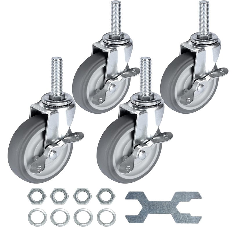 Finnhomy Caster Wheels 3 Inch Set of 4 Heavy Duty Threaded Stem Casters 1/2"-13x1-1/2 Swivel Rubber Industrial Castors Locking Wheels for Wire Shelving/Furniture/Carts Load Bearing 720 Lbs Gray - Image 1